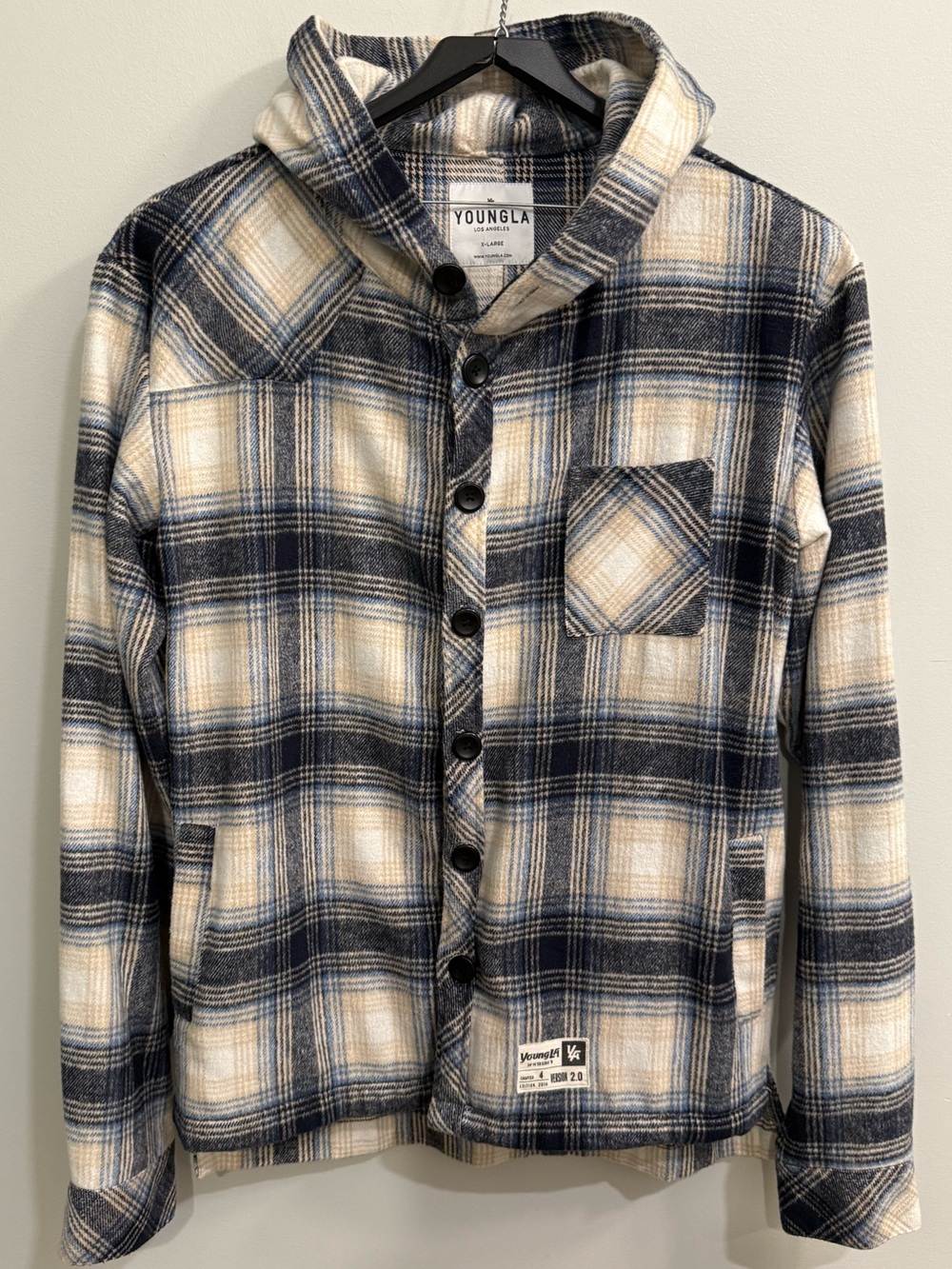 YoungLA - Hooded Flannel Long-Sleeve - Cream/Blue - XL